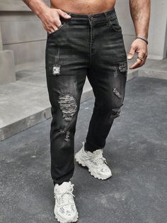 Spine Tattoo and Ripped Jeans: A Bold Fashion Statement Party Grunge, Slim Fit Ripped Jeans, Frayed Jeans, Black Party, Plain Black, Slim Fit Men, Men Clothing