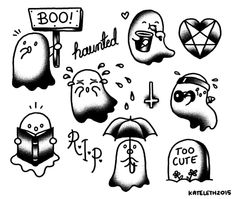 black and white drawing of halloween characters with boo's, pumpkins, ghost heads