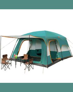 a tent set up with chairs and tables in front of it on a white background