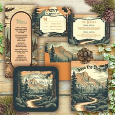 wedding stationery with pine cones and mountains