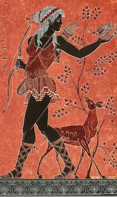 an ancient painting with a woman and deer