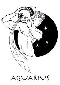 the zodiac sign for aquarius is shown in black and white, with stars around it