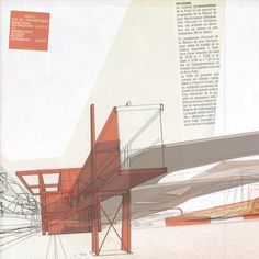 an architectural drawing of a building with red and white lines on the side, along with information about its structure