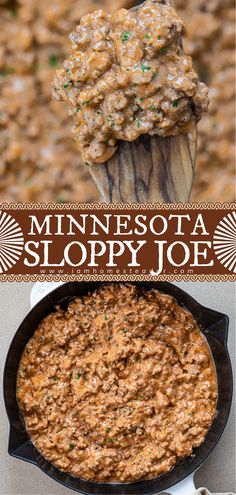 an image of the minnesota sloppy joe recipe in a skillet and on a wooden spoon