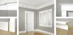 an empty room is shown with the door and window frame painted in light gray color