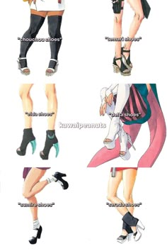 some anime characters with different outfits and shoes