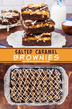 salted caramel brownies are stacked on top of each other