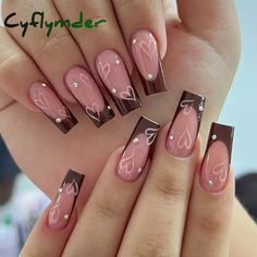 Cyflymder 24Pcs Simple False Nails Gold Edge Butterfly with French Des – cyflymder Brown Nail, Healthy Routine, Pedicure Nail Art, Diamond Nails