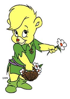 a cartoon character holding a basket with flowers in it