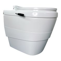 a close up of a white toilet with the lid down and black handle on it