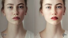 two pictures of the same woman's face before and after make - up,