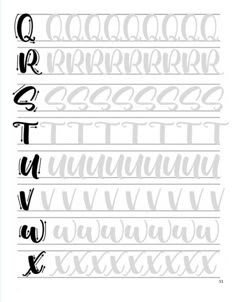 the cursive alphabet is shown in black and white