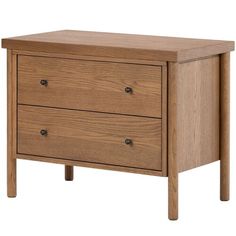 a wooden nightstand with two drawers on one side and an open drawer on the other