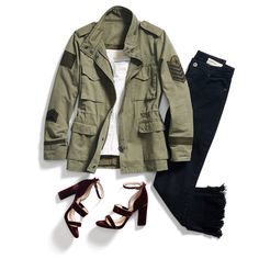 Up your utility jacket’s flirt factor by adding strappy heels & a frilly cami. #StylistTip Cute Grunge Outfits, Cute Grunge, Stitch Fix Fall, Stitch Fit, Statement Sleeves, Stitch Fix Stylist, Cargo Jacket, Green Jacket