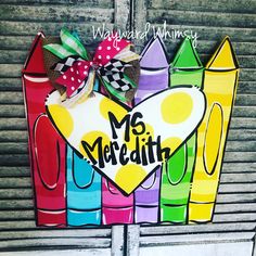 Crayon Wood Cut Out Door Hanger - Etsy Teacher Canvas, Classroom Door Signs, Teacher Door Signs, Teacher Door Hangers, Hello Kindergarten, Teacher Door, Classroom Makeover, Door Hangers Diy, Teacher Doors