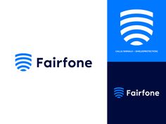 the logo for fairfone is shown in three different colors and font styles, including blue