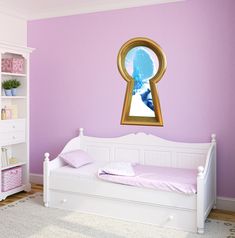 a bedroom with purple walls and a white bed in front of a window that has an underwater scene on it