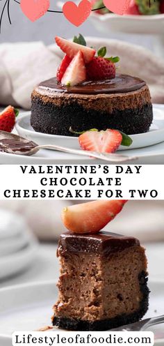 valentine's day chocolate cheesecake for two on a plate with strawberries and strawberrys