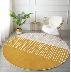 a yellow and white area rug with lines on the floor in front of a chair