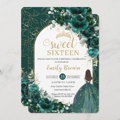 $3.17 | Sweet 16 Birthday Emerald Green Floral Princess #quinceañera 15th birthday invitation, elegant girly quinceanera invite, pretty blooms roses flowers, mexican spanish latina cumpleaños, gold princess tiara crown, chic quince girl emerald dress, emerald green floral greenery leaves, arch gold lines green flowers, sweet 16 16th sixteen birthday, brunette fair skin wavy hair Quince Invite, Brown Princess, Quinceañera Party Ideas, Blonde Princess, Princess Invitation, Quinceañera Invitations, Quinceañera Ideas