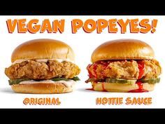 two chicken burgers with the words vegan popes written on them and an image of fried chicken