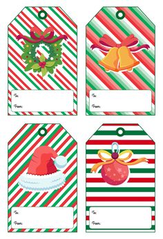 four christmas gift tags with ornaments on them