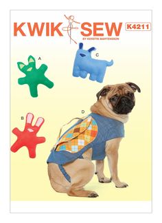 a pug dog wearing an apron and standing in front of three different shapes of dogs