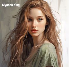 a digital painting of a woman with long, wavy hair and blue eyes wearing a green top