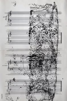 an abstract drawing with black and white ink on paper that has music notes all over it