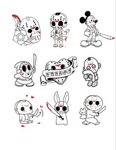 some cartoon characters with blood on their faces