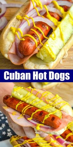 two pictures of hot dogs with mustard and onions on them, one has ketchup and the other has relish