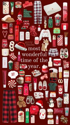 the most wonderful time of the year poster is shown in red and white, surrounded by christmas items