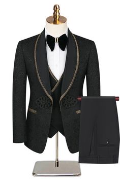 Discover Black Gentleman Shawl Collar Jacquard Mens Three Piece Wedding Suit with bradymensuit. Shop for a range of Black Shawl collar men's suits for every occasion with rush order service in cheap price. Elegant Brocade Tuxedo For Wedding, Elegant Tailored Brocade Suit, Luxury Fitted Brocade Sets, Tailored Brocade Suits For Formal Occasions, Luxury Brocade Suit For Formal Occasions, Tailored Brocade Suit For Semi-formal Occasions, Fitted Brocade Suits For Weddings, Fitted Gold Tuxedo For Groom, Gold Fitted Tuxedo For Groom