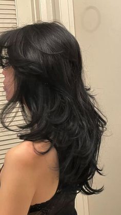 Different Hair Layers, Black Long Wolfcut, Fluffy Layers Medium Hair, Wof Cut Hair Long, Long Wolf Cut Unstyled, Medium Length Haircut With Lots Of Layers, Wolfcut 360 Long, Jet Black Hair Layers, Super Layered Haircut