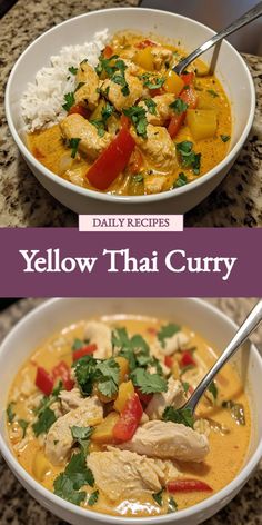 Transport your taste buds to Thailand with this aromatic and flavorful Yellow Thai Curry recipe! This traditional dish features tender chicken or tofu simmered in a creamy coconut milk sauce infused with curry spices, lemongrass, and ginger. Perfectly balanced with a hint of sweetness and heat, this comforting and exotic dish is a must-try for any curry lover. Serve over steamed jasmine rice for a truly authentic experience. Thai Curry Recipes, Curry Spices, Thai Curry, Jasmine Rice, Tender Chicken, Curry Recipe, Chicken Tenders, Lemon Grass