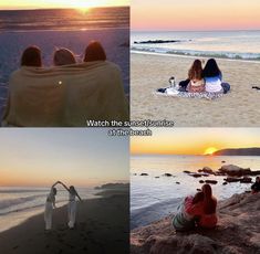 four pictures with people sitting on the beach at sunset