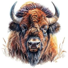 an illustration of a bison with large horns and long hair, standing in tall grass