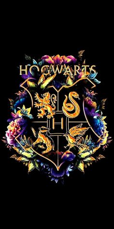 the hogwarts logo is shown on a black background with colorful flowers and leaves