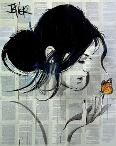 a drawing of a woman with a butterfly on her nose