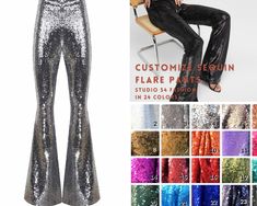 Design your own sequin flare pants with 24 different color sequin fabric! Choose your favorite color and size and you are ready to go with your custommade unique sequin palazzo pants! Perfect Sequin Bell Bottoms Ruffle Wide Leg Pants Perfect trousers for a party, make you noticeable enough! This gorgeous sequin palazzo pants has cotton lining inside. FULLY SEQUINED FABRIC : Shine brighter than ever before and turn heads with bold, sparkly designs with a pair of Studio 54 Fashion Women's Sequined Metallic Bottoms With Contrast Sequin For Party Season, Metallic Stretch Bottoms With Sequins, Stretch Metallic Pants With Sequins, Metallic Stretch Sequin Bottoms, Metallic Stretch Pants With Sequins, Metallic Sequin Stretch Pants, Metallic Sequined Stretch Pants, Metallic Sequin Disco Pants, Metallic Sequined Disco Pants