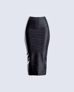 Unleash your inner vixen in this edgy black leather skirt that hugs every curve 🖤 Embrace the power of confidence and let this skirt become your weapon of choice - Complete with an ultra high-waisted fit, midi length, back slit, and a back zipper closure 😏 White Corset Dress, Cut Out Maxi Dress, Vegan Leather Skirt, Black Leather Skirt, Confessions Of A Shopaholic, Rhinestone Top, Mesh Maxi Dress, White Corset, Black Leather Skirts