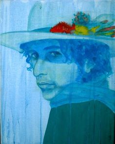 a painting of a woman wearing a blue hat with flowers on it's brim