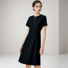 Captivating Contoured Comfort Dress Classic Black Short Sleeve Midi Dress, Black Summer Dress For Office, Black Short Sleeve Office Dress, Black Short Sleeve Midi Dress For Work, Classic Black Midi Dress For Office, Black A-line Dress For Work, Classic Black Workwear Dress, Classic Black Dress For Work, Black Short Sleeve Dress With Flattering Silhouette