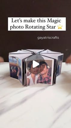 an open photo book with two pictures on it and the words let's make this magic photo rotating star