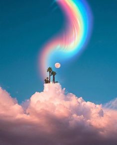 two palm trees on top of a cloud with a rainbow in the sky above them