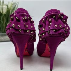 Excellent Condition Purple Platform Heels For Party, Purple Leather Pointed Toe Heels, Purple Leather Heels With Pointed Toe, Purple Closed Toe Heels For Evening, Chic Purple Closed Toe Heels, Purple Leather Party Heels, Purple Leather Heels With 4-inch Heel, Betsey Johnson Shoes, Peep Toe Heels