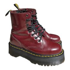 Excellent Pre Owned Condition No Original Box Red Boots With Rubber Sole And Flat Heel, Red Leather Boots With Lug Sole, Red Leather Platform Boots With Round Toe, Burgundy Boots With Reinforced Heel And Round Toe, Burgundy Lace-up Boots With Red Sole, Burgundy Leather Platform Boots, Red High-top Leather Platform Boots, Red Leather High-top Platform Boots, Red Platform Boots