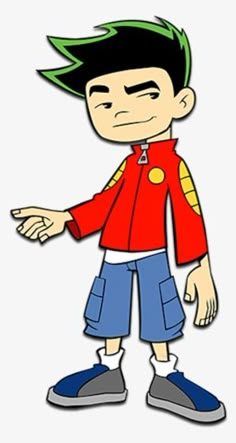 an image of a cartoon character with green hair and blue jeans, wearing a red jacket