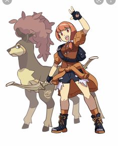 an anime character is standing next to a horse and pointing at the sky with her hand