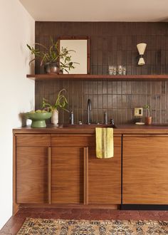 a kitchen with wooden cabinets and plants on the counter top, along with an area rug